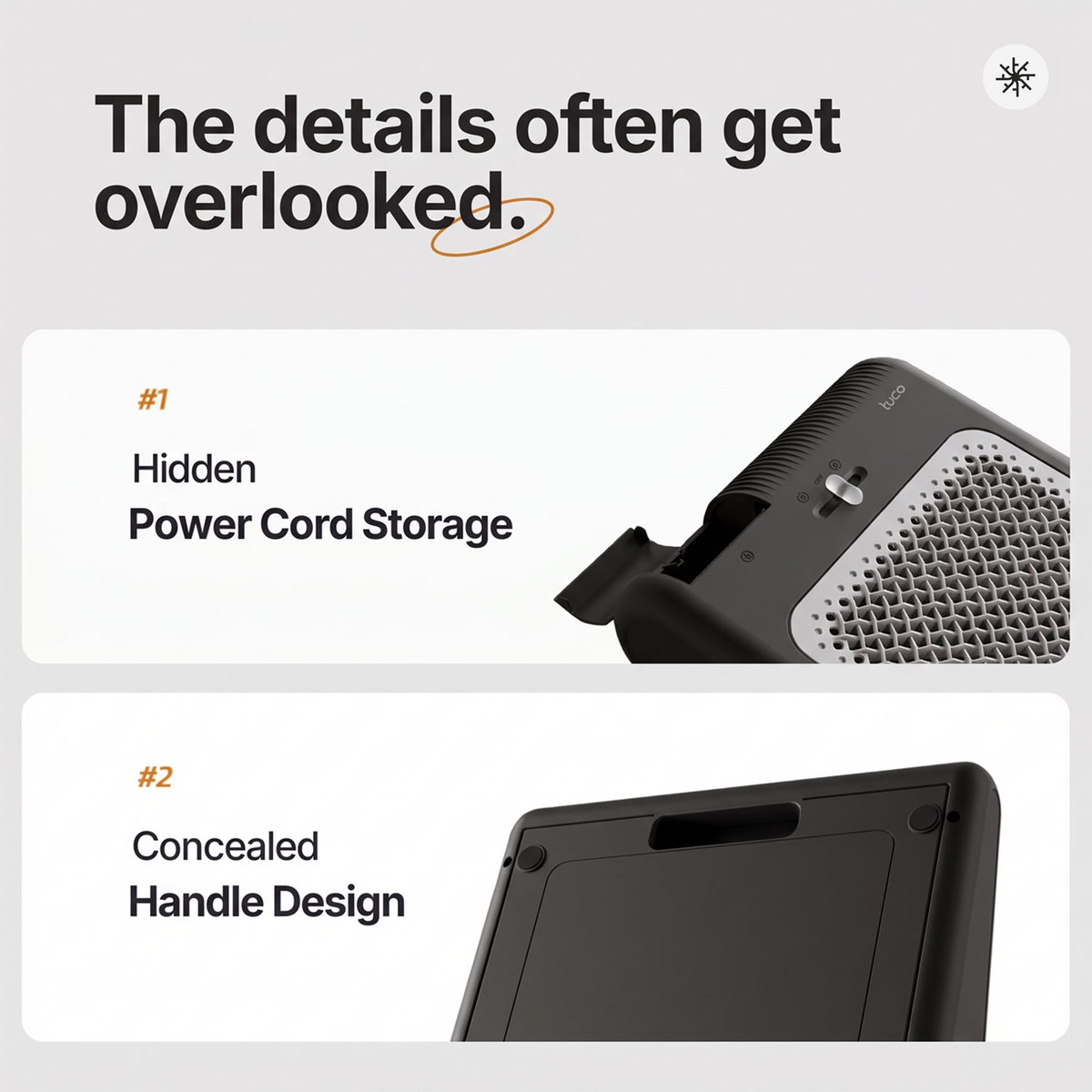 Hidden power cord storage and concealed handle, Dark
