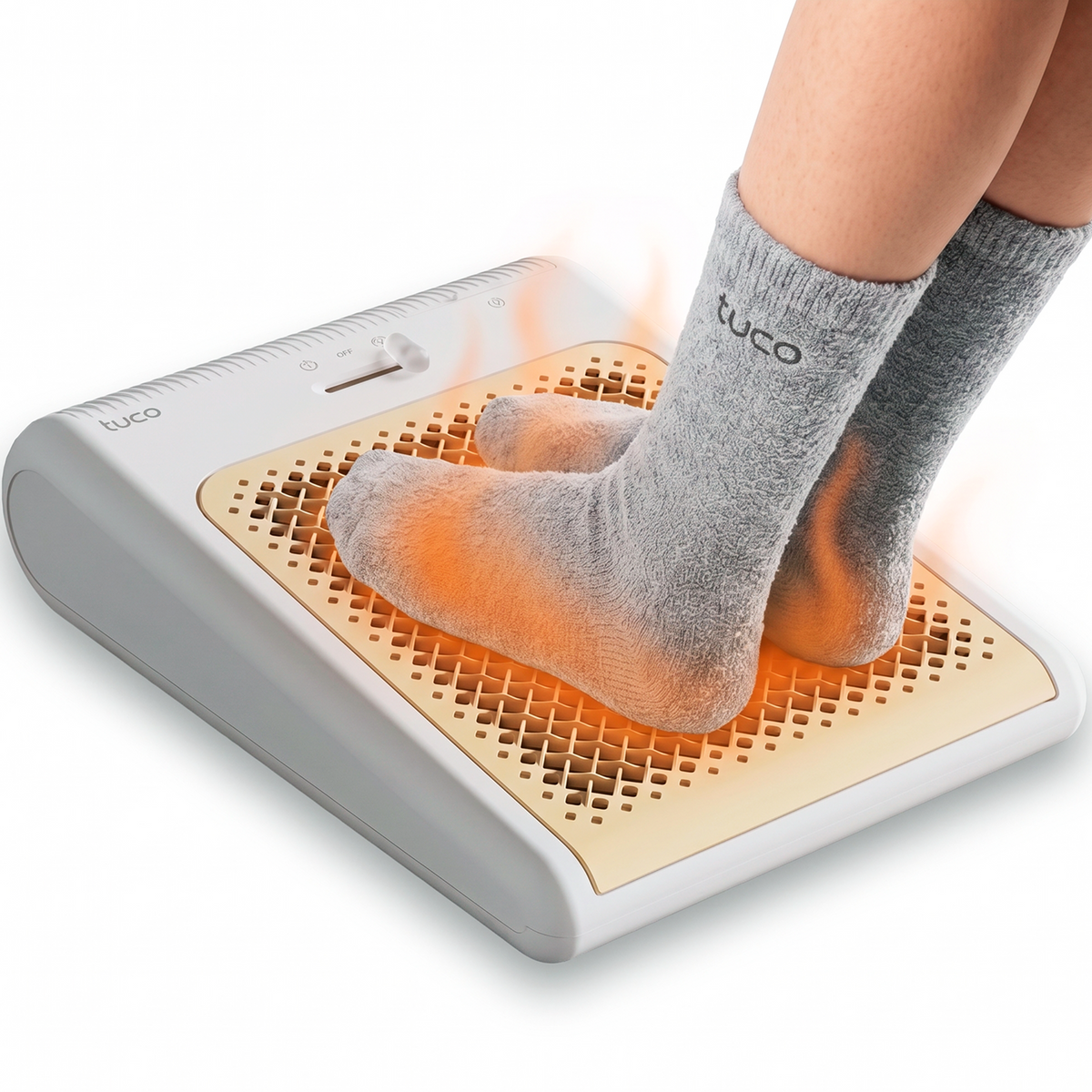 TUCO Electric Foot Warmer in Light with feet resting on the warm textured surface