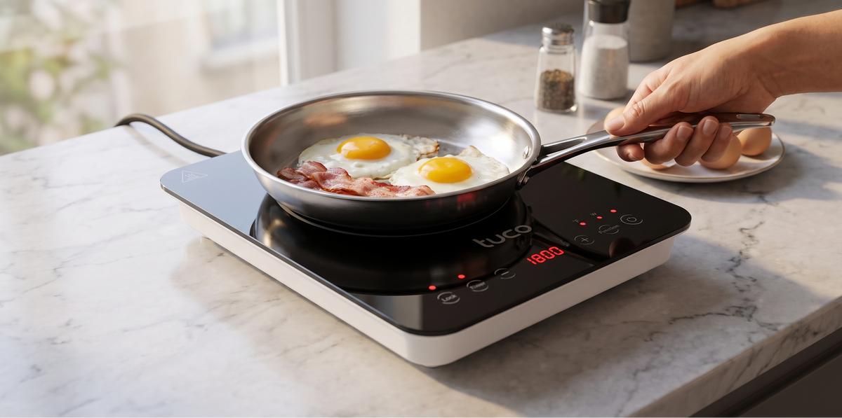 Eggs cooking in a pan on the TUCO portable induction cooktop